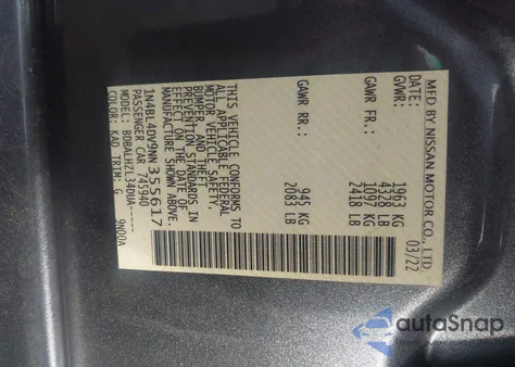 2022 Nissan Altima Sv Fwd z USA, uszkodzony, nr VIN 1N4BL4DV9NN355617